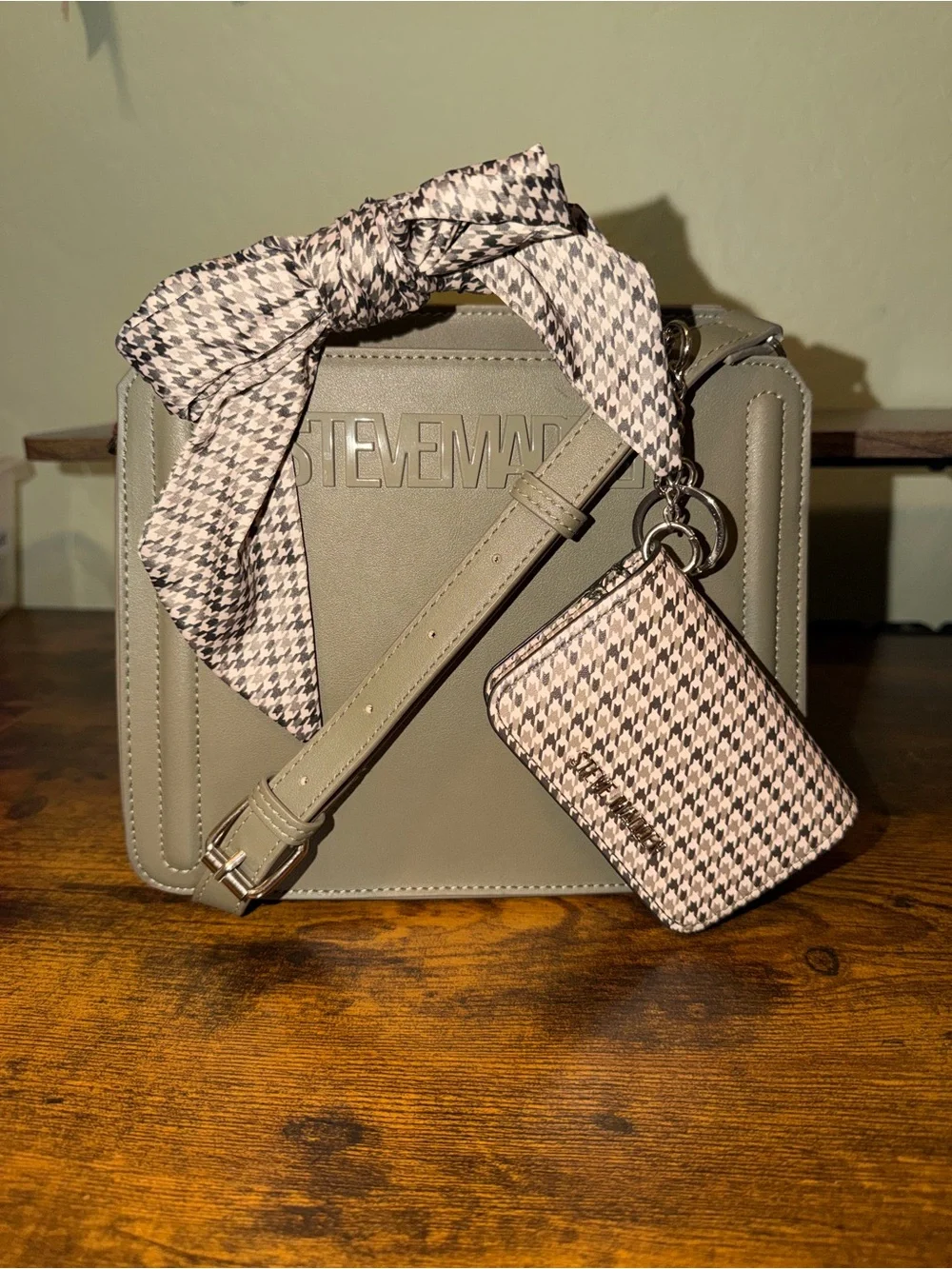 Steve Madden Olive Crossbody Bag with Houndstooth Scarf and Card Case